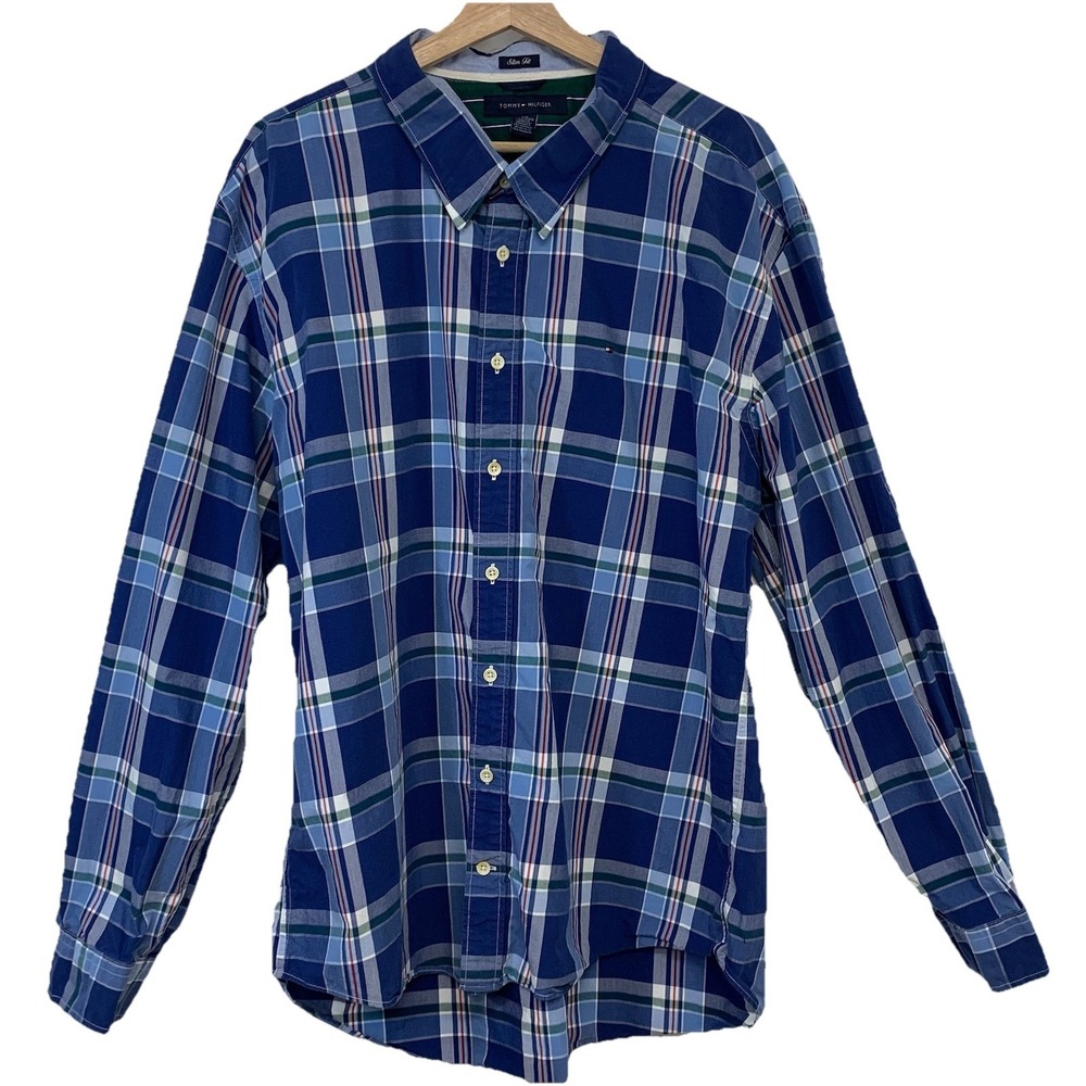 Tommy Hilfiger‎ Slim Fit Long Sleeve Shirt Men XXL  2XL Blue Plaid 100% Cotton